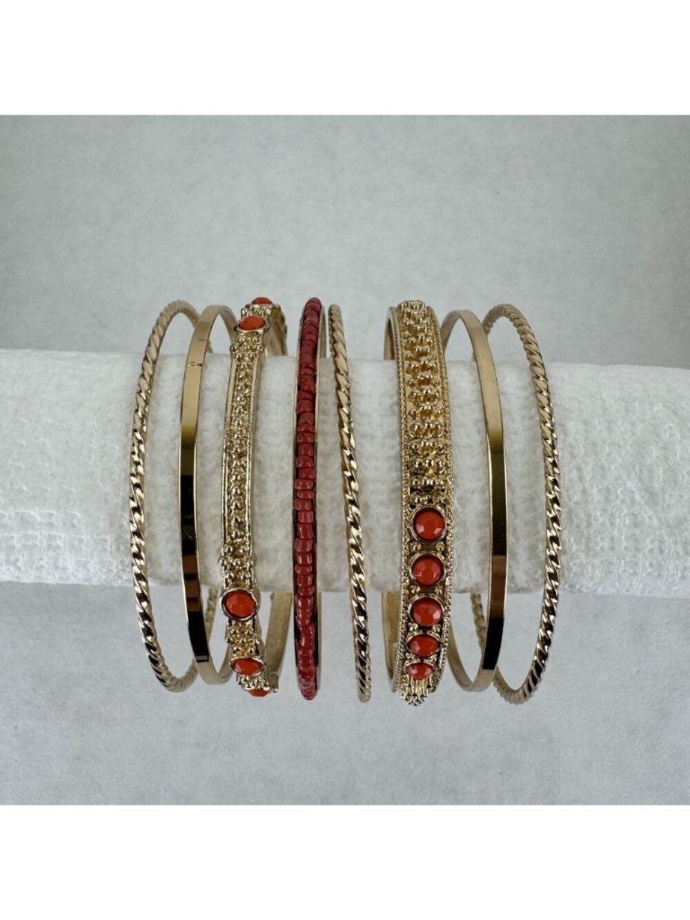 8 pc Coral Bangle Bracelet Set Gold-tone Stackable Textured Beaded Accents 2.5" - Picture 3 of 7